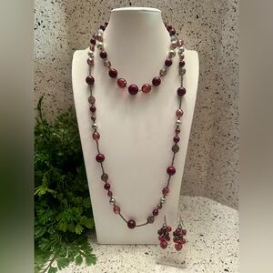 Burgundy beads necklace set w/ earrings